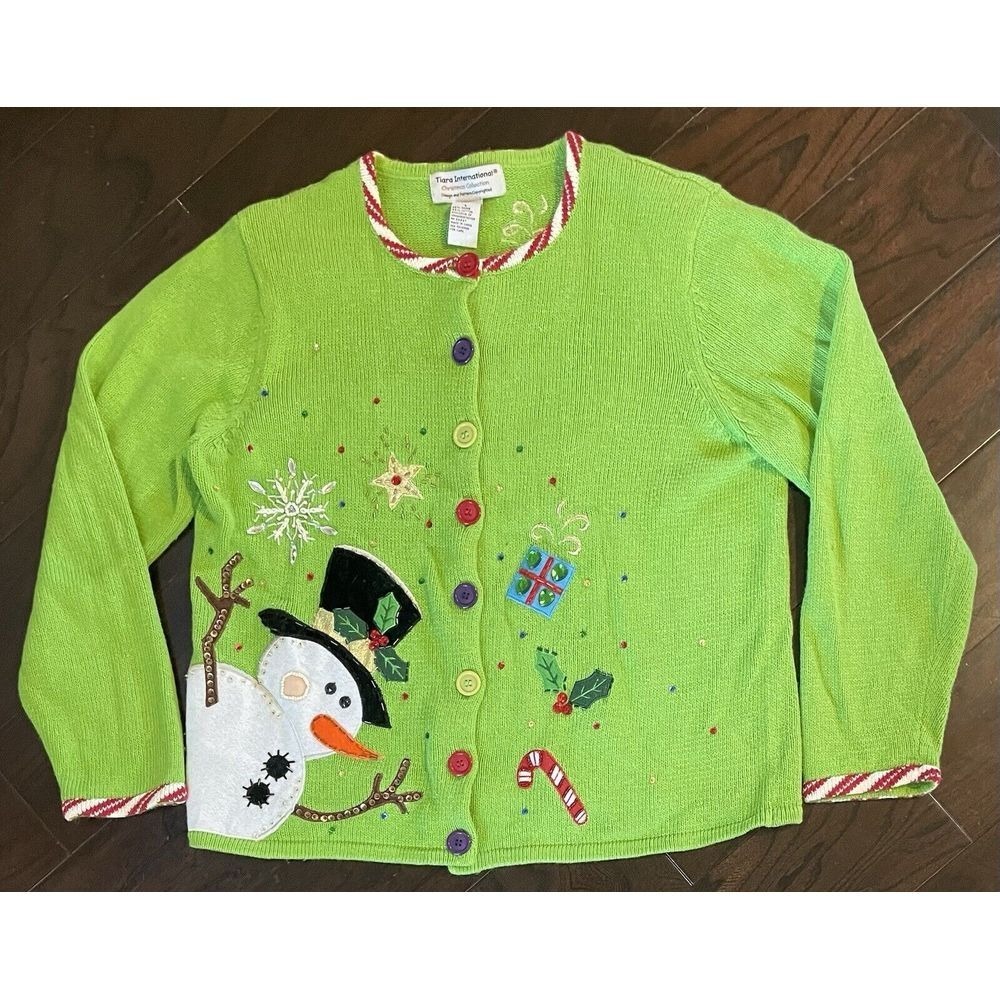 Tiara International Cardigan Women Lg Green Snowman Ugly Christmas Sweater Y2K